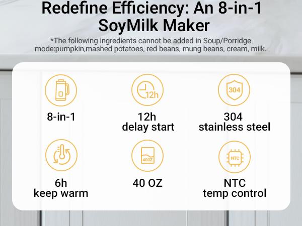 Bear 8 in 1 Nut Milk Maker Machine, 40oz/1.2L Soy Milk Maker with Self Clean/12H Delay/6H Keep Warm, One Touch Alomnd Milk Maker for Homemade Oat, Soup, Juice, Plant Based and Non Dairy Beverages
