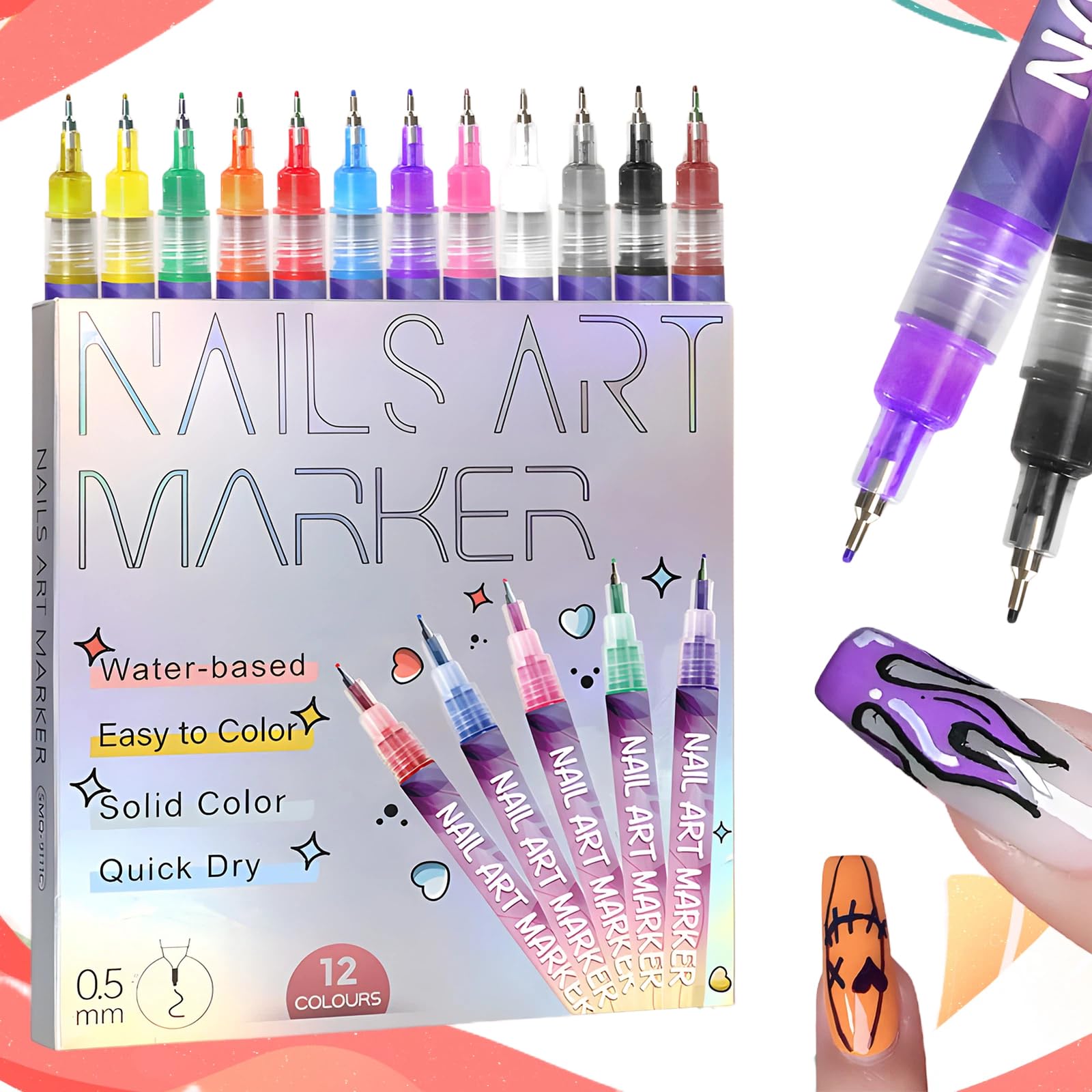 12-Color Nail Art Markers with Ultra-Fine Tips, Ideal for DIY Nail Designs, Creating Patterns & Flowers, Essential for Salons & Home Use