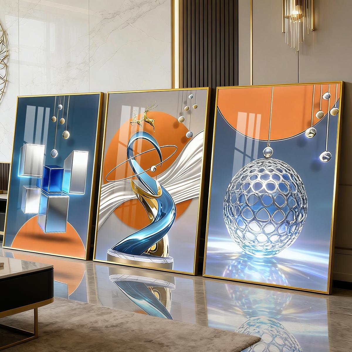 3 Counts Aluminum Alloy Framed Painting, Modern Abstract Geometric Sphere And Cube Art, Home Decoration For Living Room, Bedroom, Office, Restaurant, Hallway Wall Decor, Odorless Print Artwork, Luxury Perfect Gift For Friends And Family