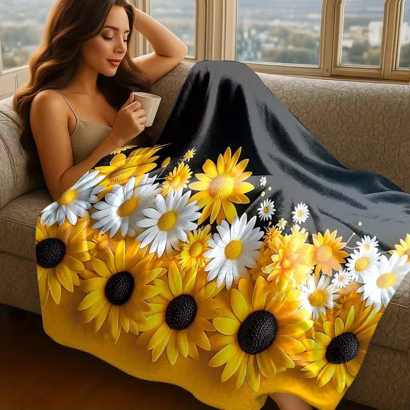 Flannel oversized sunflower floral pattern blanket, machine washable and non-fading - Floral Throw - a soft and warm product for all seasons suitable for living rooms, bedrooms, and terraces - a pet-safe large-area cover - ideal for use as a bed blanket