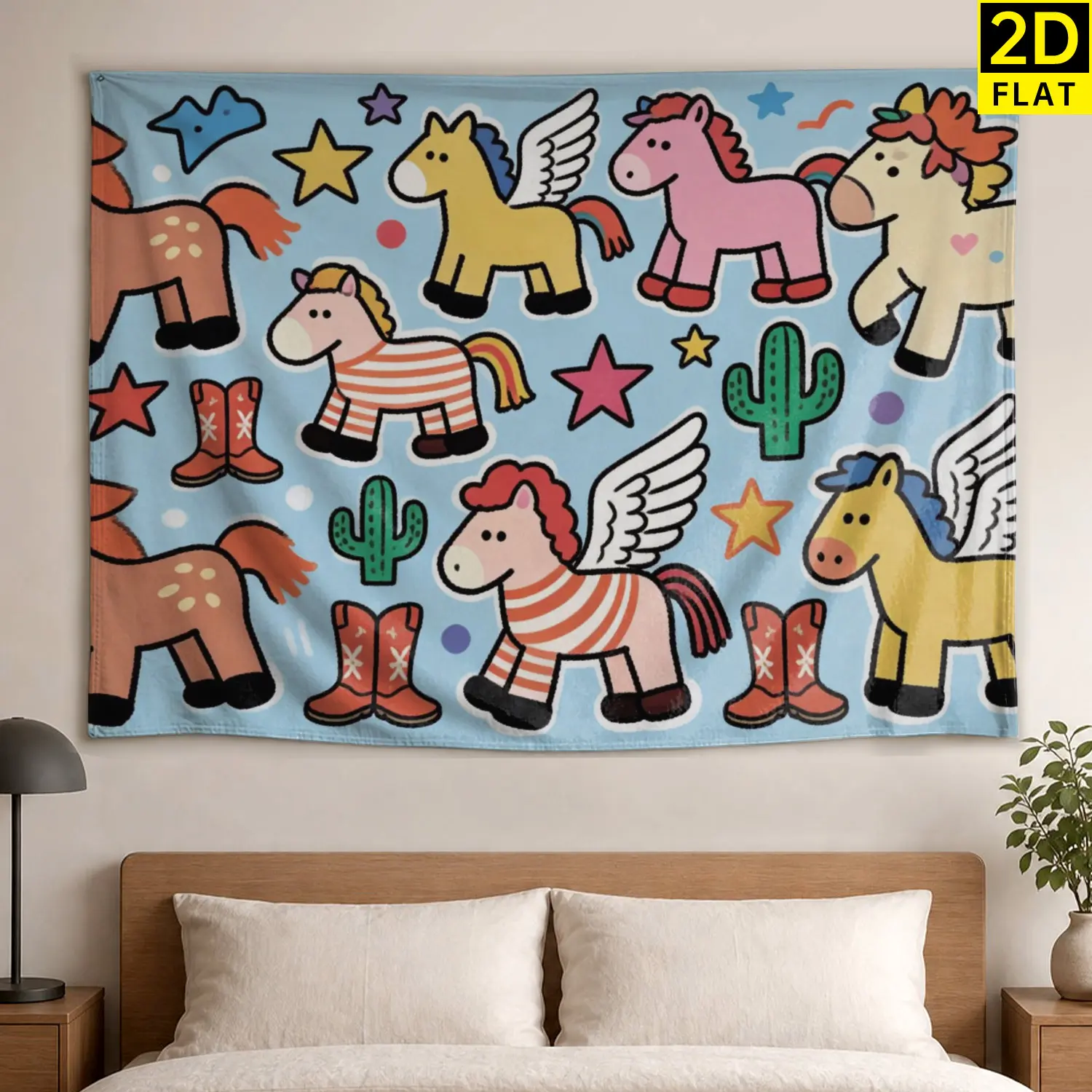 Cartoon Ponies Cactus Star Wall Tapestry - Colorfast Multi-Size Polyester Wall Hanging, Hippie Vibe Home Decor Artwork for Living Room, No-Installation Gift Idea
