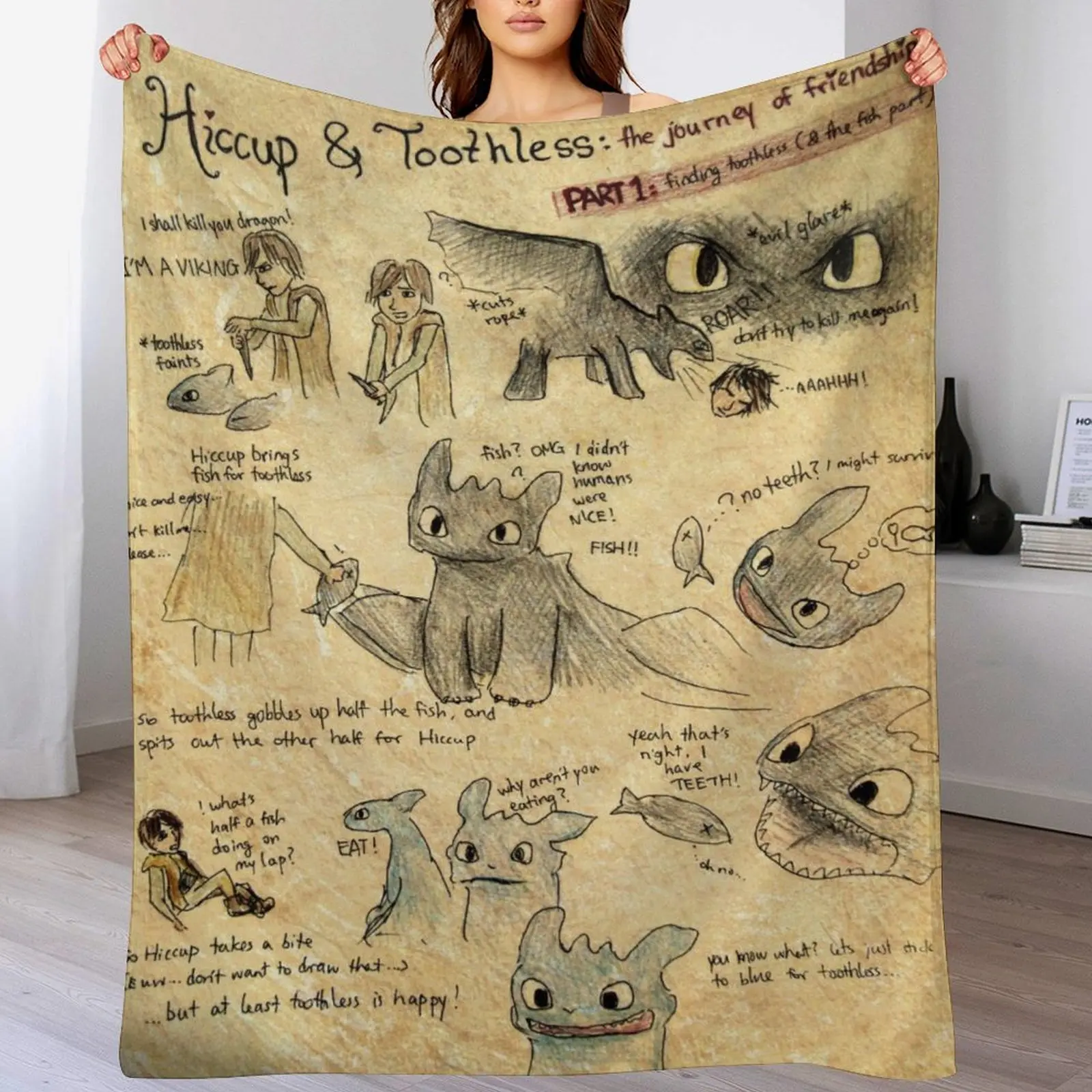 HTTYD Vintage Storybook Hand‑Drawn Comic Art Flannel Throw Blanket, Soft Cozy Warm Lightweight Couch Blanket for Bedroom Living Room Decor, Birthday Gift for Fantasy Art Lovers