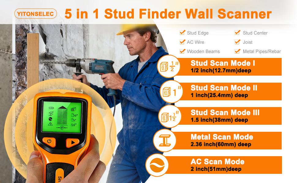 Stud Wall Scanner- 5 in 1 Multifunctional Wall Detector Scanner with HD LCD Display & Audio Alarm for the Center and Edge of Wood,, AC Wire & Studs Detection