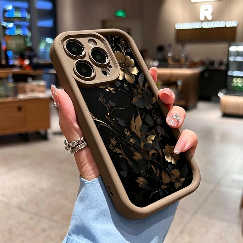 TPU IPhone Case for iPhone 15 14 Plus 17 16 Pro Max 14 13 12 11 XS  Black And Gold Flowers Pattern Drop Protection Shockproof Soft Silicone Smartphone Cover iPhone case