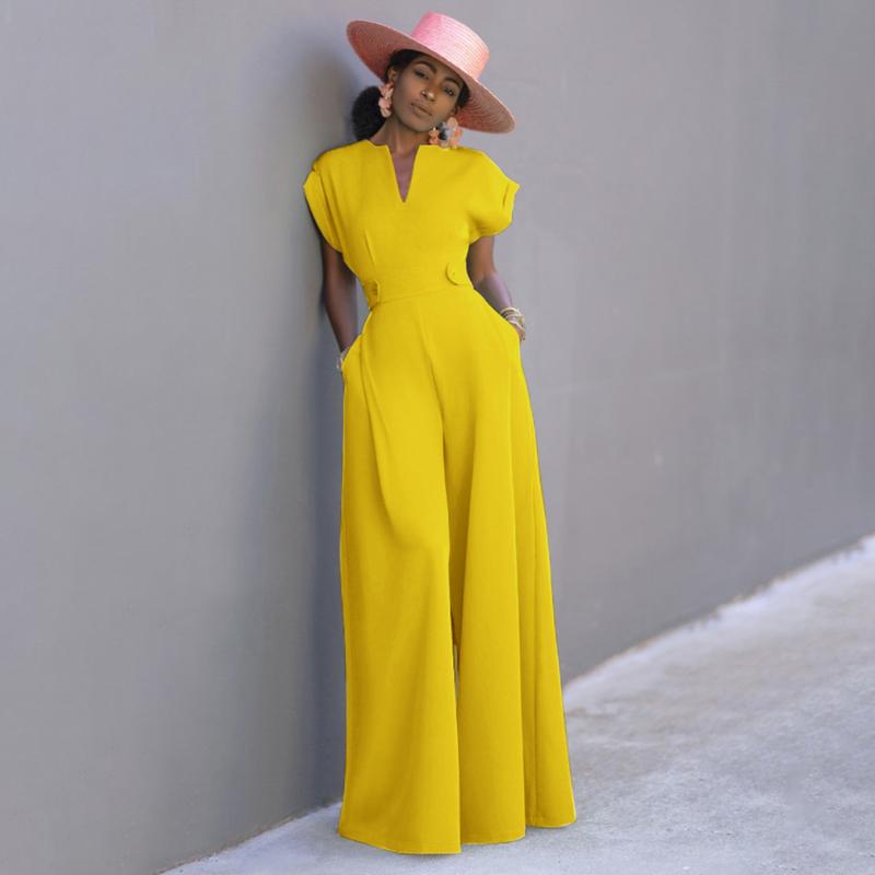 UOOZEE Women's Basic Cap Sleeve Wide Leg Jumpsuit - Fitted Polyester Work Outfits Womenswear Overall with V-Neckline - Chic & Elegant Style (the size is one size smaller,it is recommended to order a size larger) Shortsleeves teacher/interview outfits