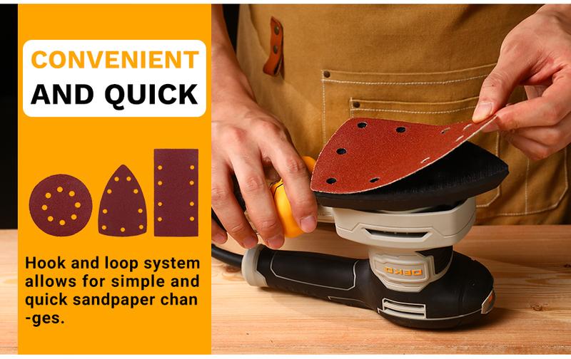DEKO 300W 3-in-1 Orbital Sander, 6 Adjustable Speeds (7000-13000 RPM), with Dust Collection Box, 3 Hook and Loop Pads, and 15 Sandpapers, Quick Sandpaper Replacement, Electric Sanding Tool for Woodworking, Home Improvement, and DIY Projects.