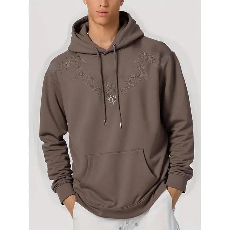 Men's Fall Winter Heavyweight Suede Hooded Sweatshirt, Thorns Embroidery Design, Loose Fit Casual Style, Trendy Streetwear Outerwear