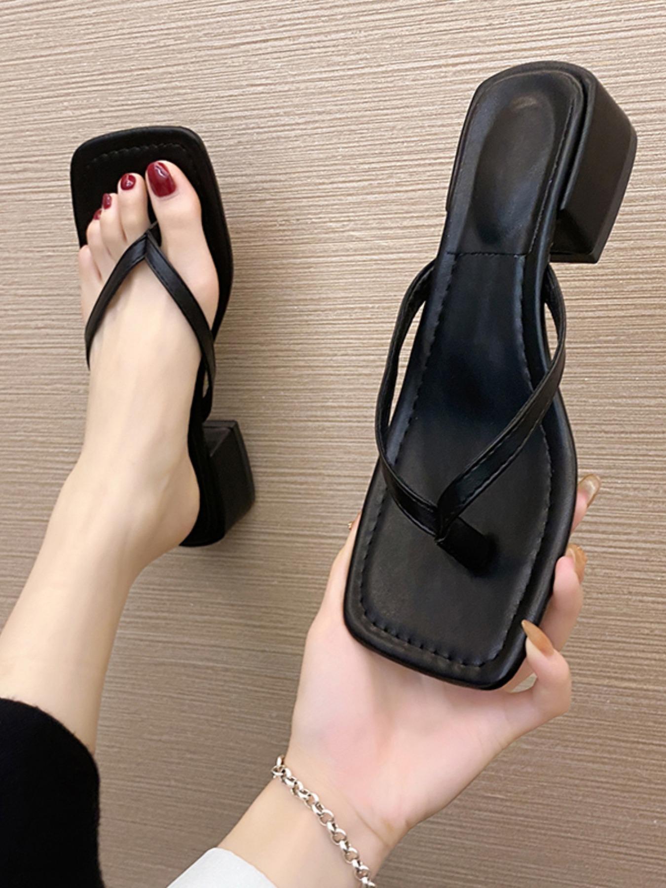 WWomen's Square Toe Block Heel Thong Sandals, Elegant Summer Slip On Shoes for Beach Work Daily Wear