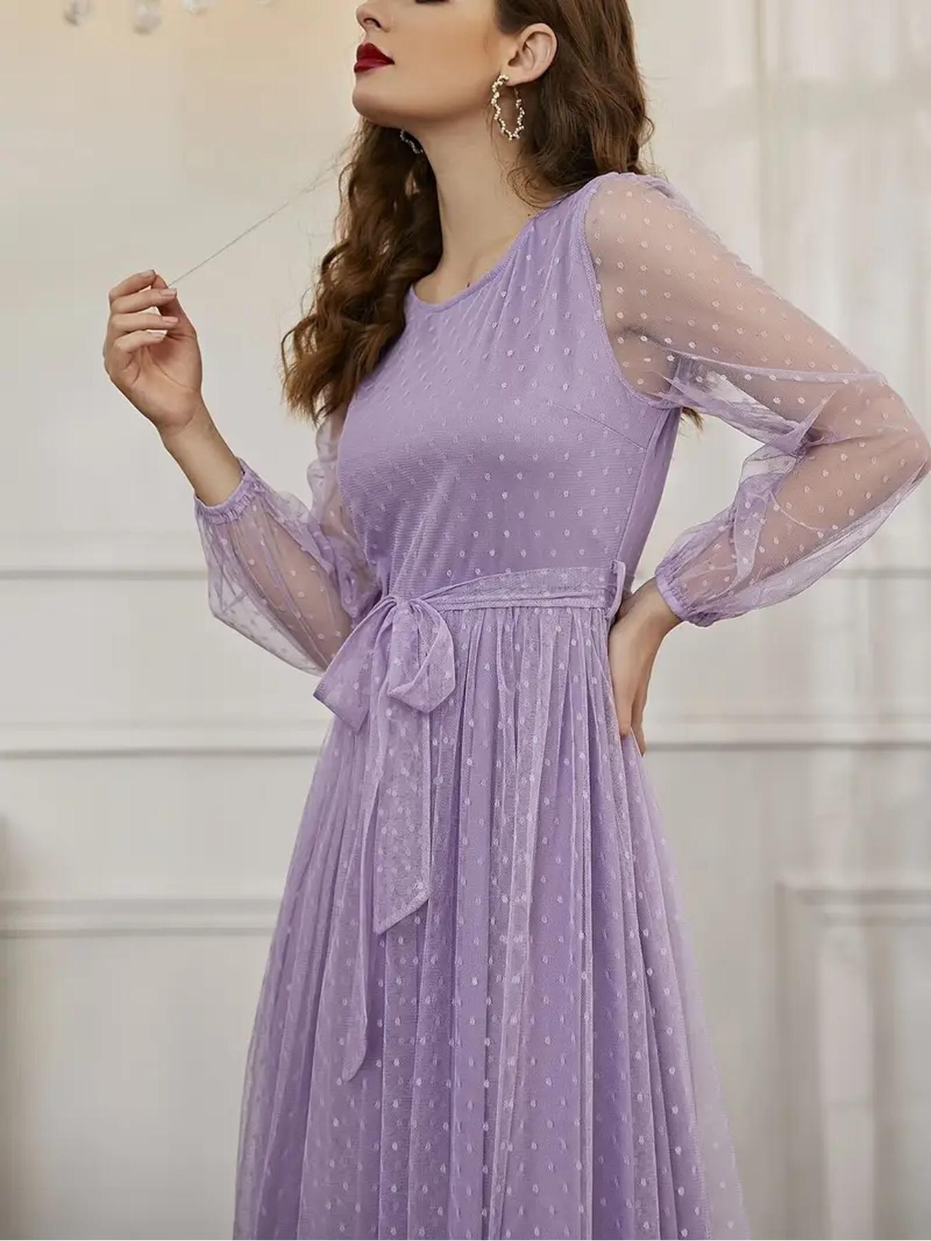 Mesh Maxi Dress for Women, Long Sleeve, Sheer, Lightweight, Fairy & Soft Vibe, Polka Dot Print, Flowy Skirt, Elegant Loose-Fitting Formal Evening Dress, Perfect for Wedding, Prom, Brunch