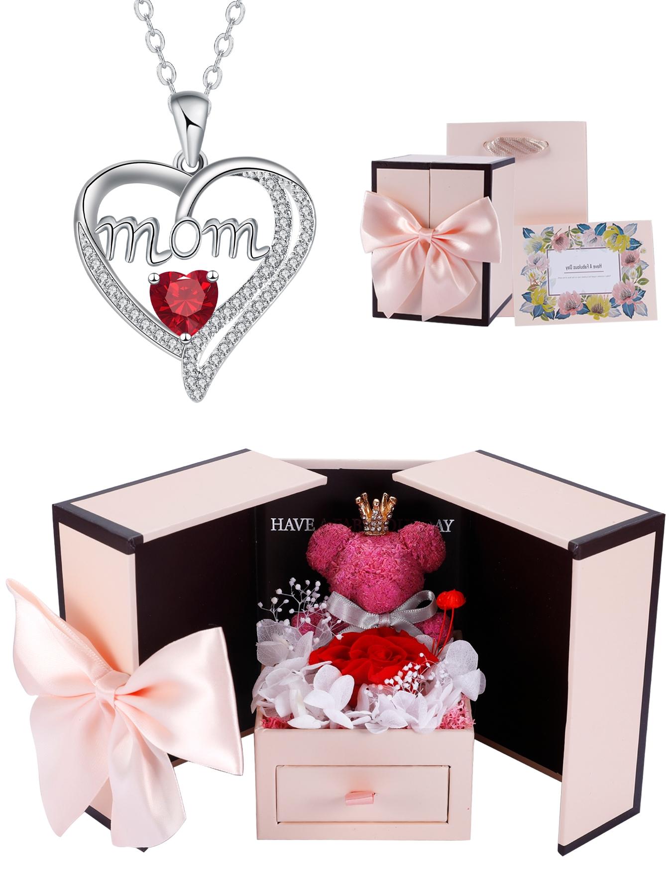 Apple Shape Rose Jewelry Gift Box With Love Heart Mom Pendant Necklace, Anniversary Birthday Jewelry First Mom Gifts for Women Wife, Mother's Day Jewelry Gift for Mom Heart Design Necklace