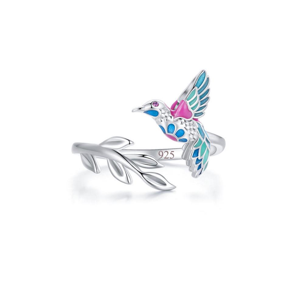 Fashionable Open Ring 925 Sterling Silvery 3.94g/0.1390z Colorful Ceramic Craft Cute Geometric Animal Pattern with Branch Decoration Design Adjustable Engagement Wedding Party Ring Suitable for Women Valentine's Day Jewelry Gift
