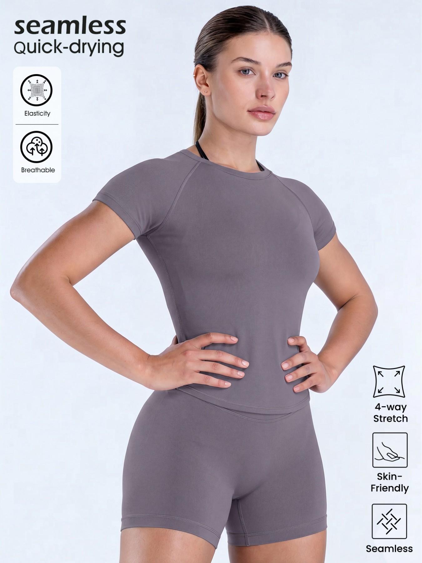 Women's New Nylon High Stretch Moisture Wicking Seamless Short Sleeve Fitness T-Shirt, Butt Coverage Long Sleeves