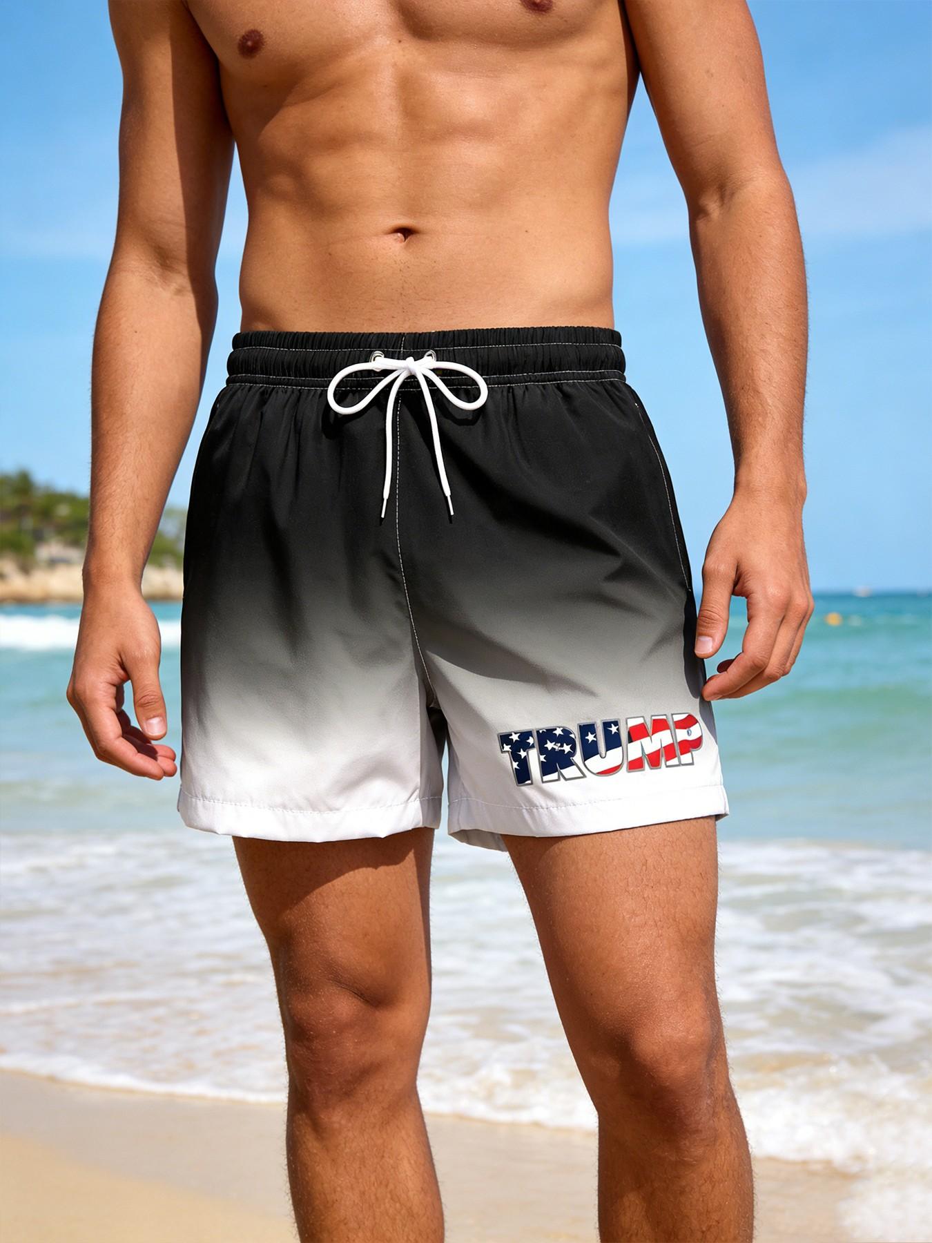 Men's Quick Dry Gradient Board Swim Trunks Side Pockets Ombre Beach Shorts with Mesh Lining Lining Drawstring Waist Flag Stars and Stripes Print Vacation Surfing Shorts