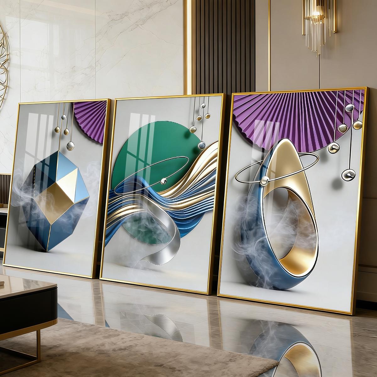 3 Counts Aluminum Alloy Framed Painting, Geometric Abstract Metallic Shapes And Smoke Art Pictures, Home Decoration For Living Room, Bedroom, Office, Restaurant, Hallway Wall Decor, Odorless Print Artwork, Luxury Perfect Gift For Friends And Family