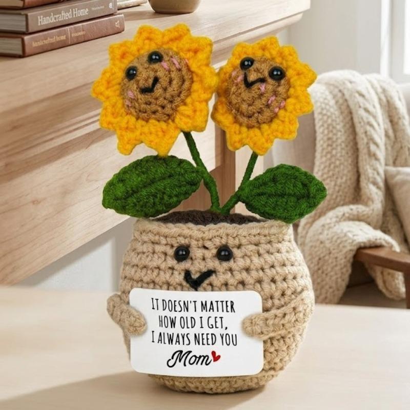 Mini Crocheted Sunflower with Message Card - Birthday Gift, Emotional Support Crocheted Sunflower Ornament for Mom