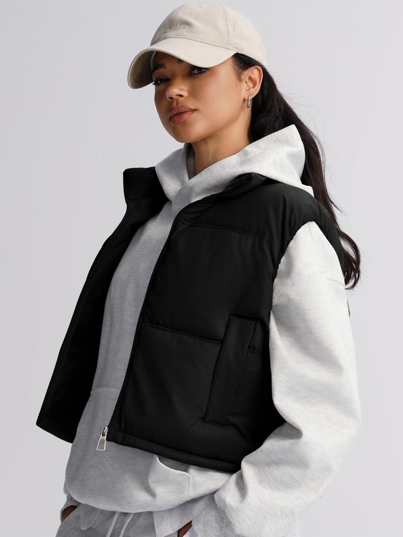 Women's Short Winter Warm Down Cotton Vest, Stand Collar Zip Design, Loose Fit Casual Fashion, Sporty Daily Wear