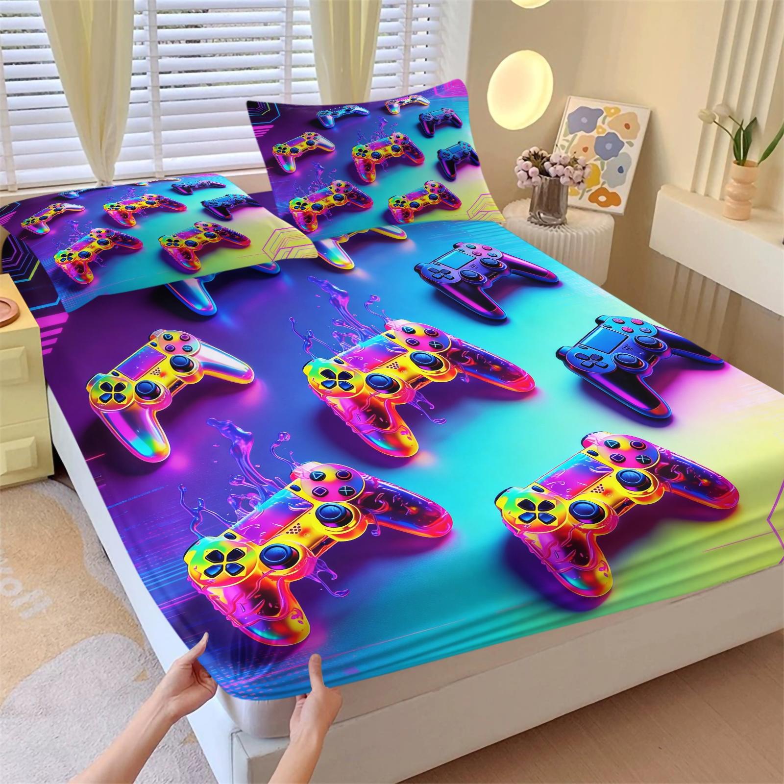 3-Piece Neon Game Controller Bed Set Fitted Sheet Set, Cyberpunk Style, Soft Skin-Friendly Fabric, Ideal for Gaming Rooms, Boys' Dorms, Comfortable & Stylish