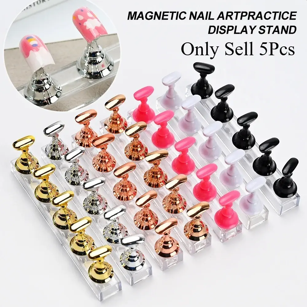 5pcs Press on Shelves Nail Art Display Set, 7 Color Nail Showing Stand, Magnetic Nail Holder, Practice Display Stand with Base