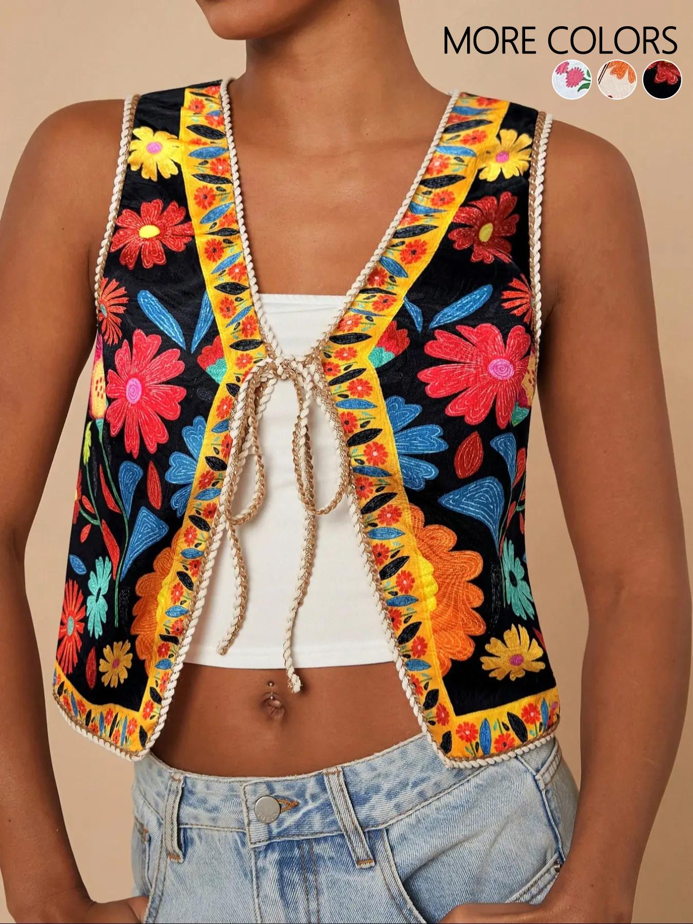 Women's Floral Print Tie Front Crop Tank Top, Boho Bohemian Sleeveless Top for Summer, Ladies Clothes for Beach Vacation