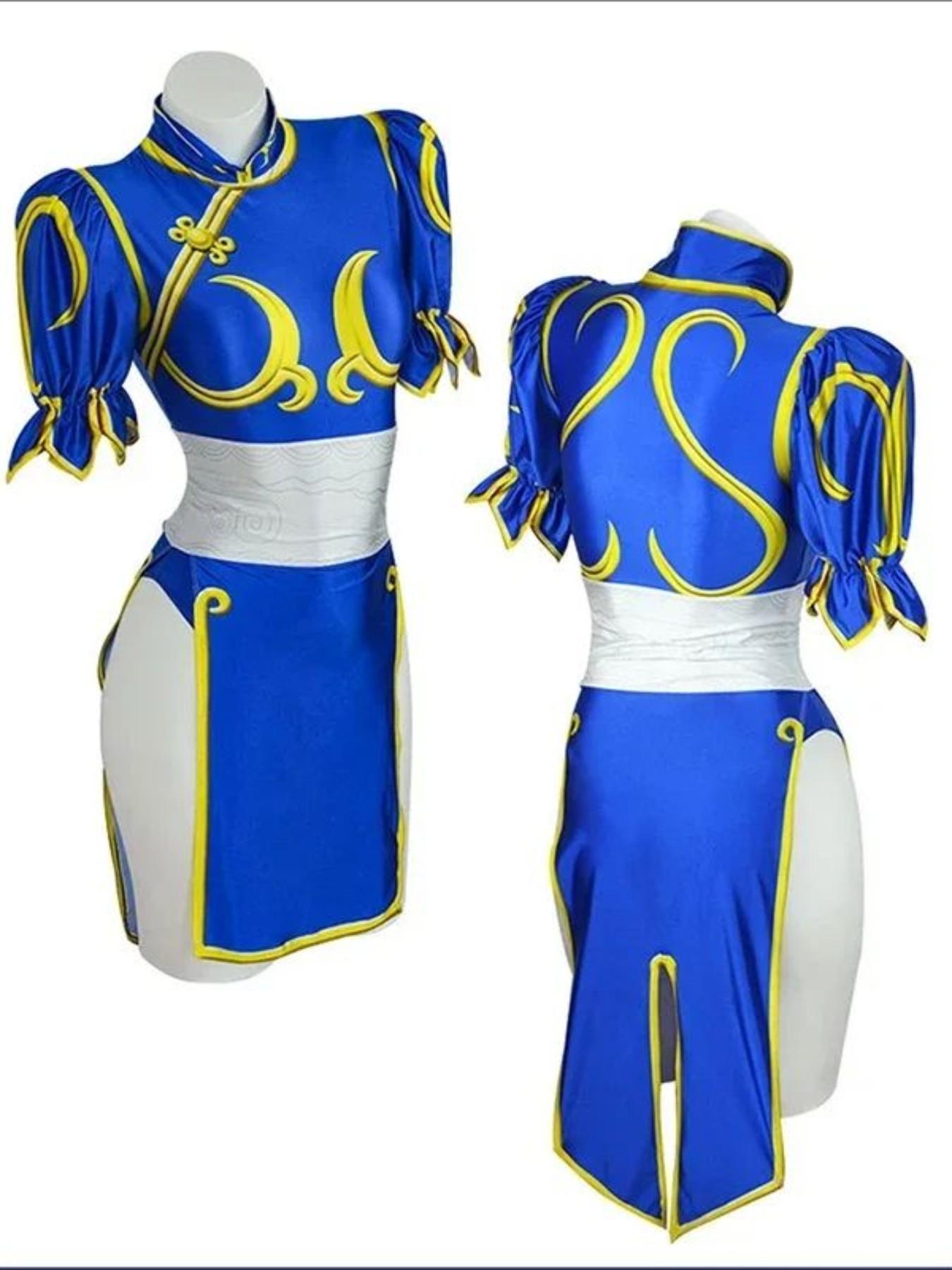 Women's Street Fighter Chun Li Costume, Blue Qipao with Headpiece and Belt, Halloween Dress, Role Play Game