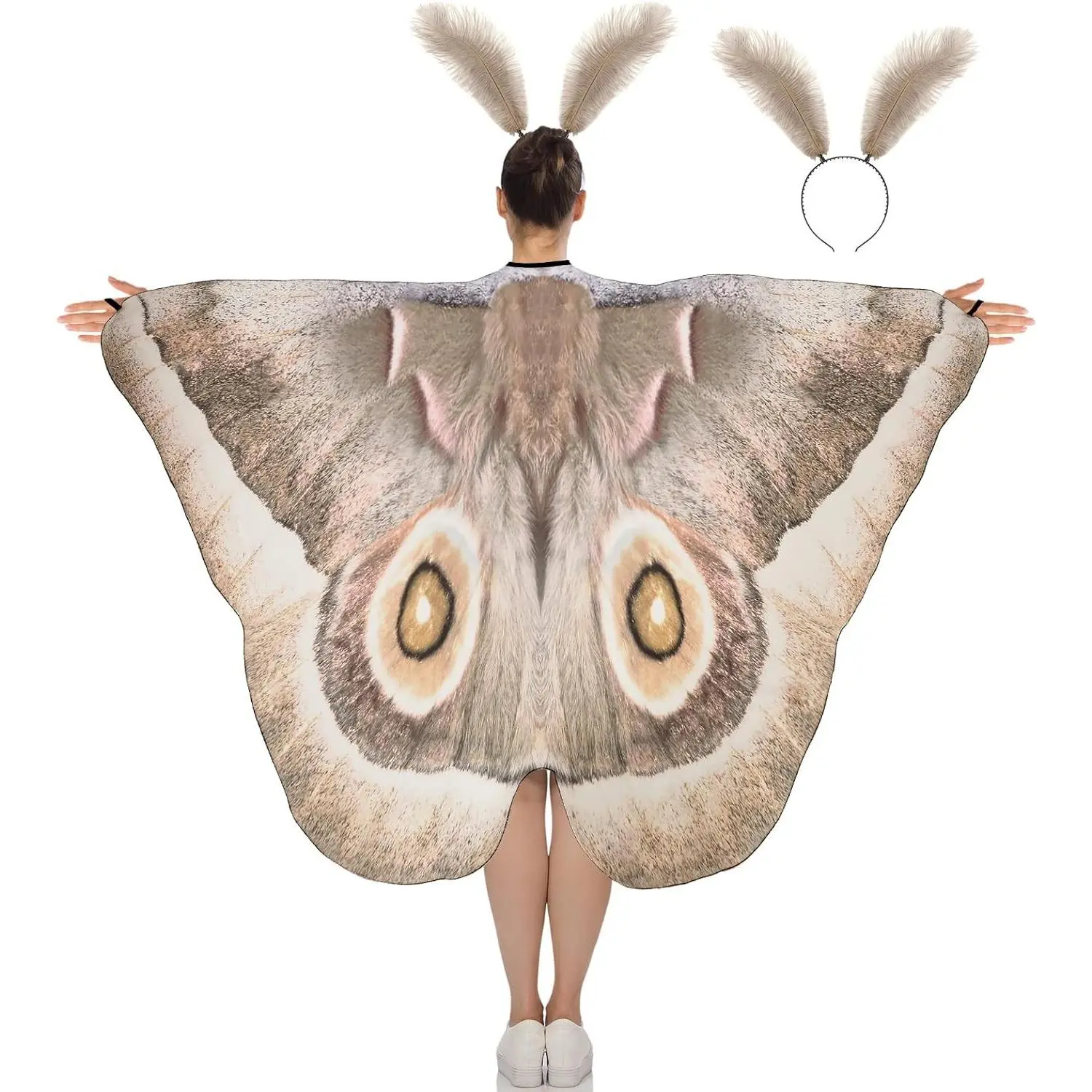 2 Pcs Halloween Moth Butterfly Wings Cape Adult Costume with Feather or Ant Headband Moth Shawl for WomenGift
