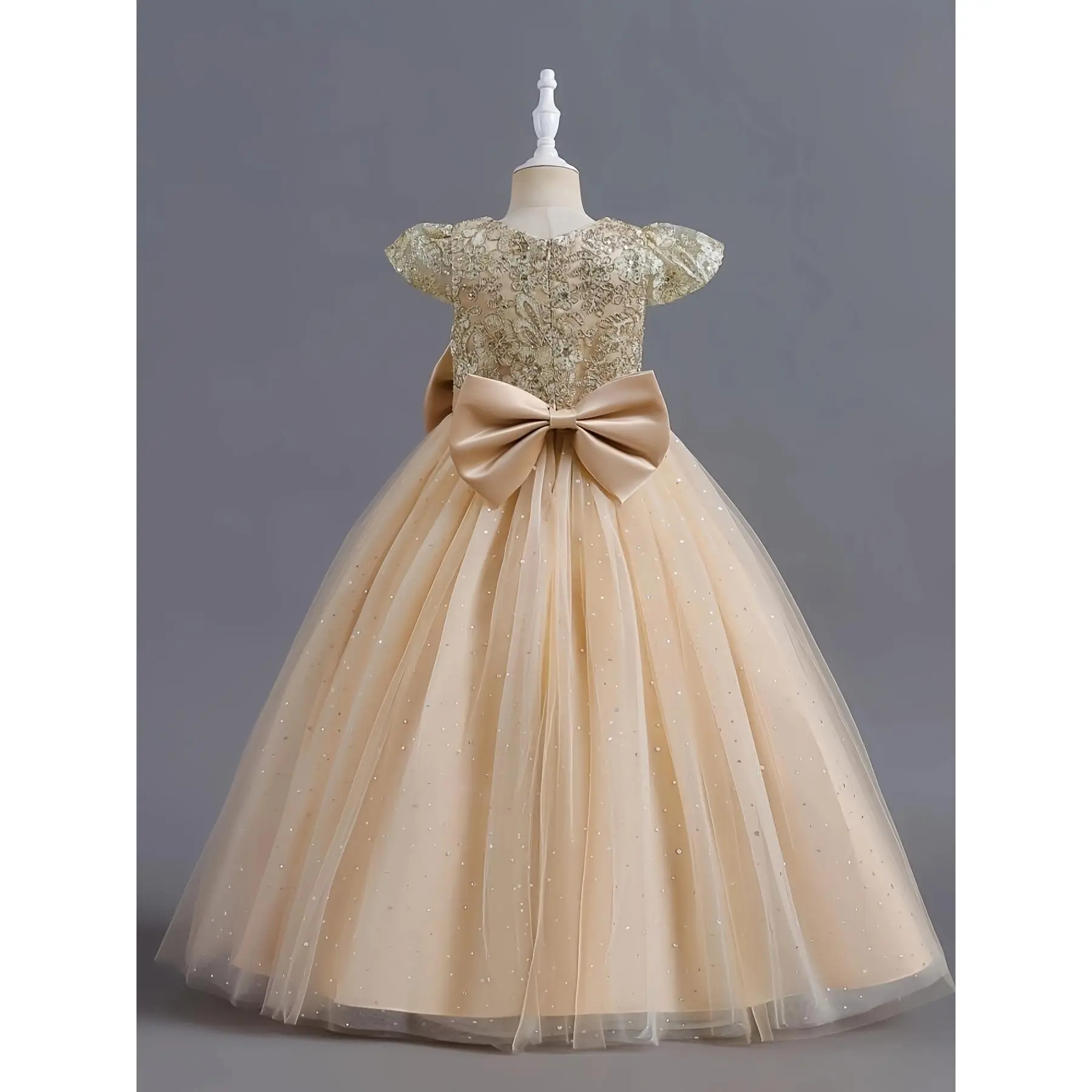 Girls Kids Vintage Lace Embroidered Tulle Puffy Gown Dress, Wedding Bridesmaid Flower Girl Princess Long Dress, Pageant Formal Ball Gown