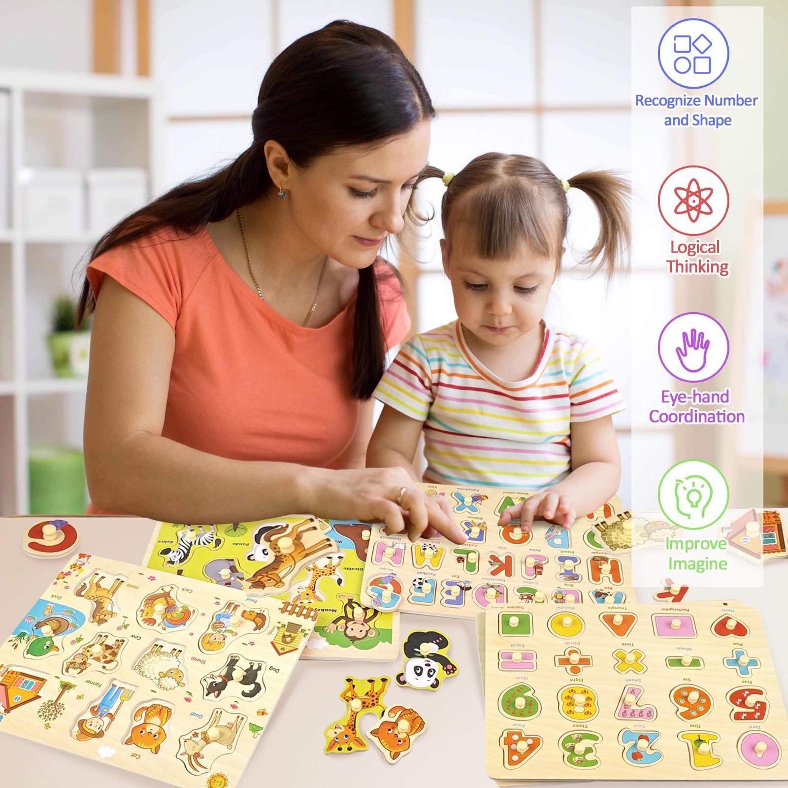 edutree 5pcs Wooden Peg Puzzles for Toddlers 1 2 3 4, 6 Pack Educational Peg Puzzles Montessori Toys, Learning Puzzles for Kids Girs Boys with Alphabet Number Animal Vehicle Shape, Halloween gift