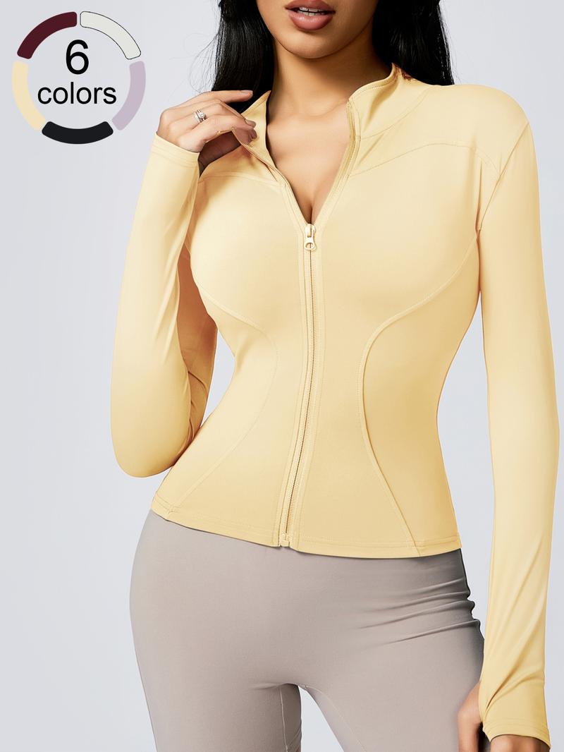 Women's Fashion Stand Collar Sport Jacket, Slim-Fit Long Sleeve Training Top, Thumb Hole Design, Breathable Gym Workout, Stylish Casual Sportswear