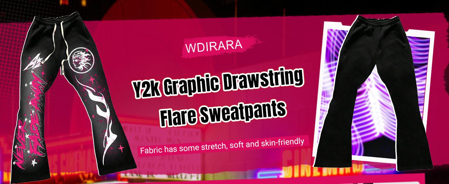 Y2k Graphic Letter Print Stacked Sweatpants Drawstring Bell Bottom Flare Pants with Pockets