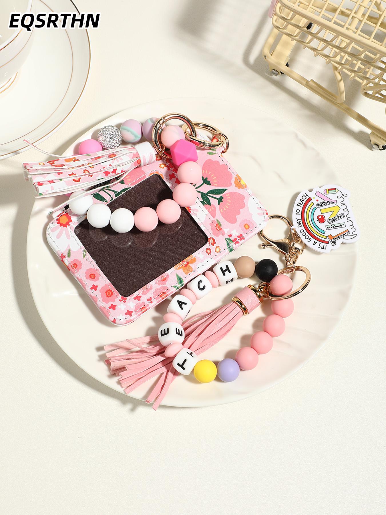 Teacher Appreciation Gift Set Beaded Keychain with ID Card Holder and Tassel Floral Pattern Teacher Lanyard Bracelet 2PCS Aesthetic School Office Accessories for Women Educators