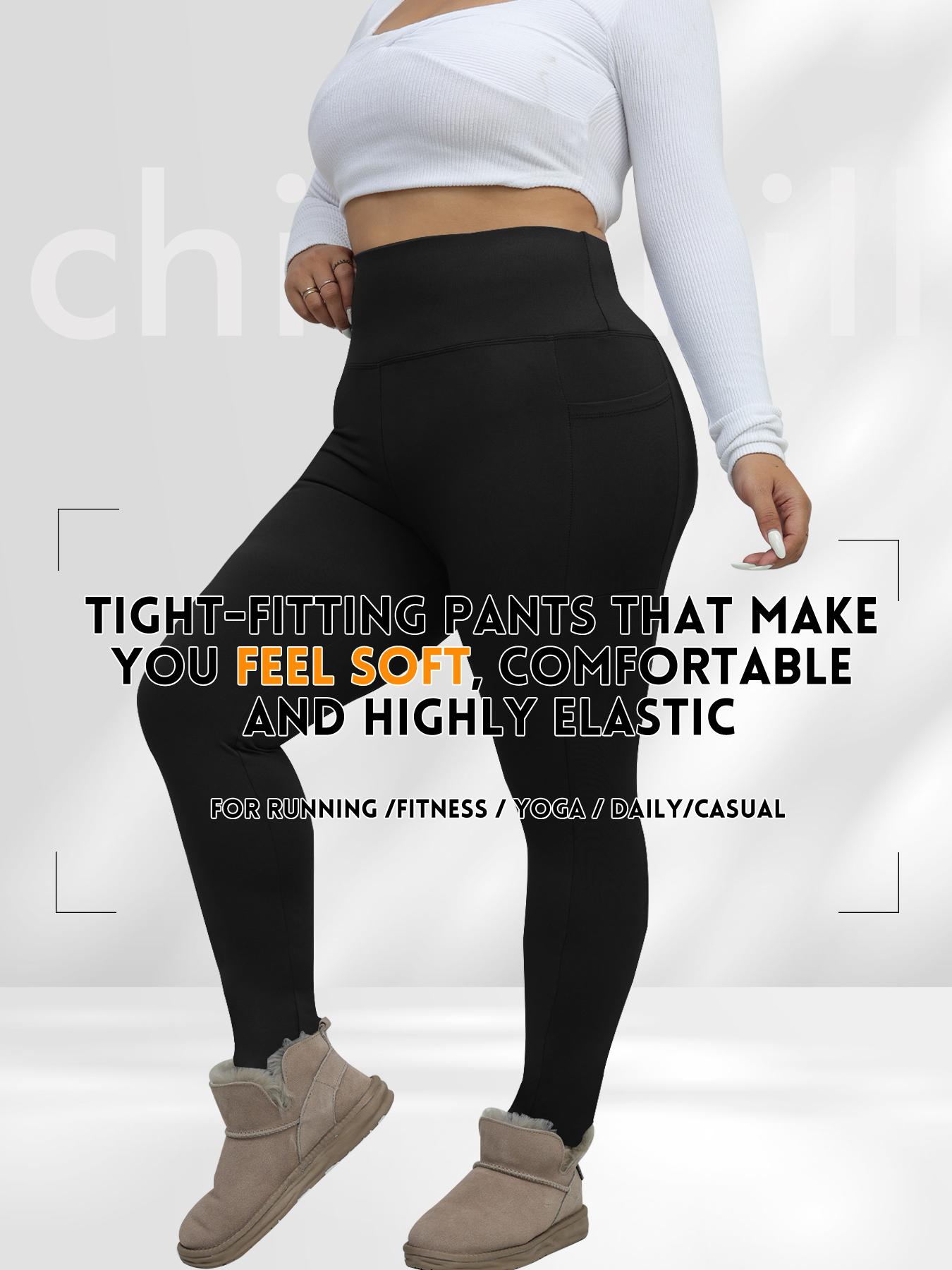 Women's Plus Size High-Waist Fleece-Lined Leggings, Thermal Stretchy Winter Pants with Pockets, Warm for Daily Wear