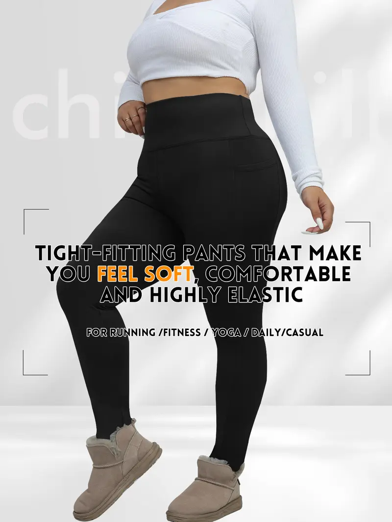 Women's Plus Size Tight Pants, High Waist Abdominal Control, Side Pockets, High Elasticity, Warm Comfort, Multi-Scene Use