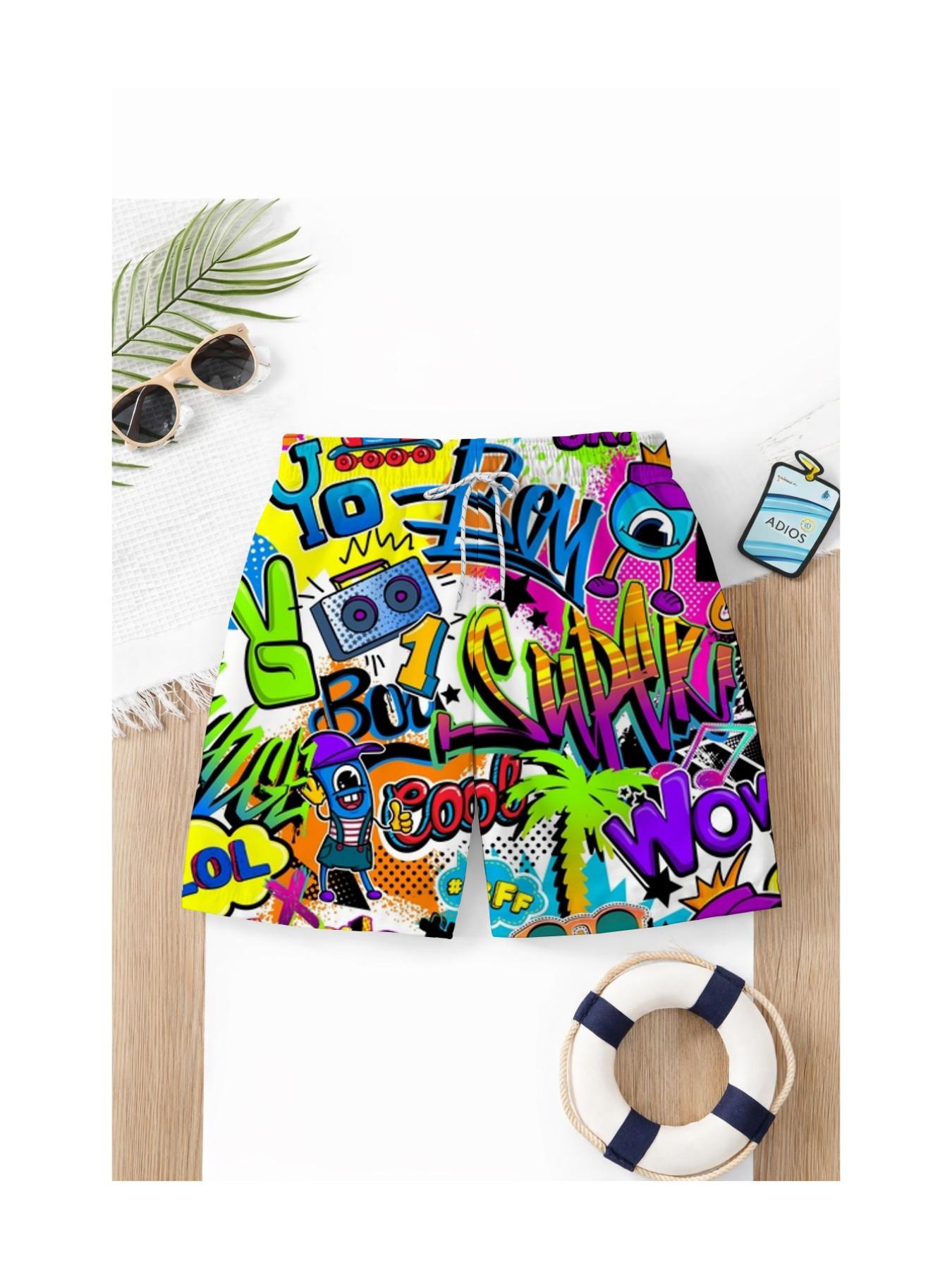 Summer Boys' Cartoon Graffiti Print Drawstring Beach Pants, Kids Loose Fit Trendy Brand Swim Shorts, Casual Short Hems