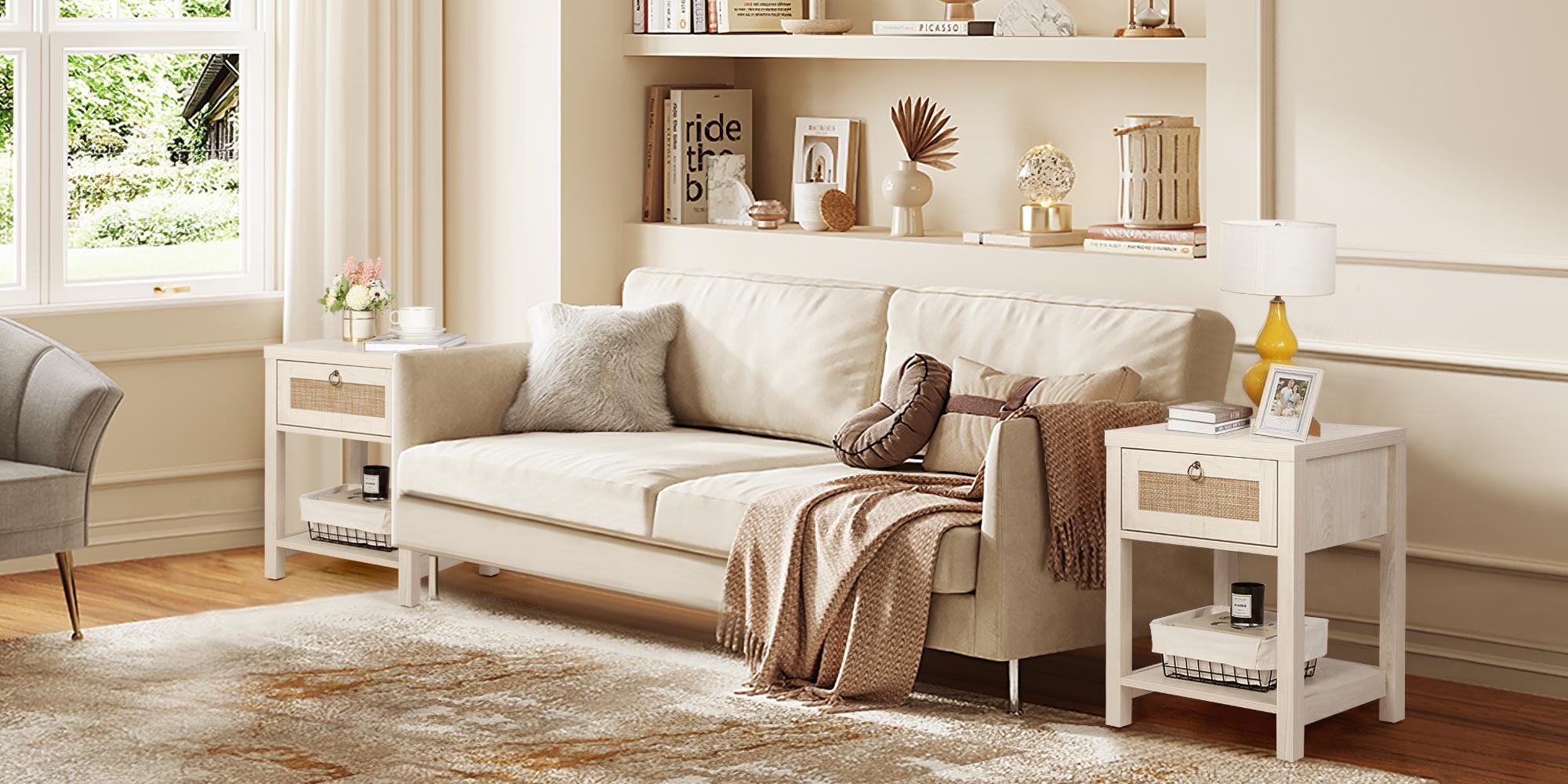 VOWNER 2 PCS Gray Rattan Nightstand Set of 2, Wood Night Stand with Vintage Metal Pull Handle, Bedside Table Boho End Tables Side Tables with Storage Shelf, for Bedroom