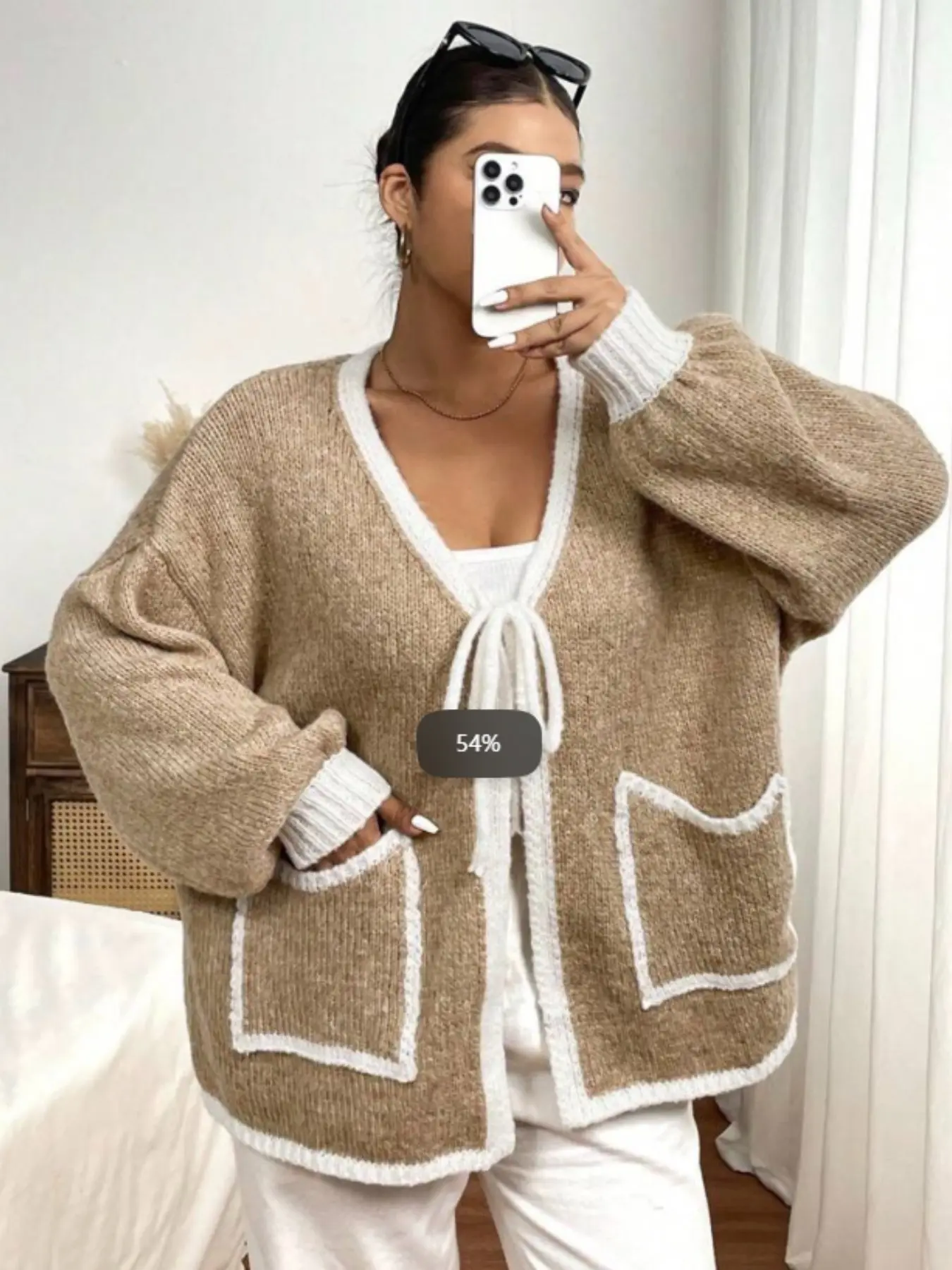 Plus Size Women's Colorblock V-Neck off Shoulder Cardigan, Lightweight Loose Long Sleeve Knitwear, Fashionable Everyday Fall Winter Top