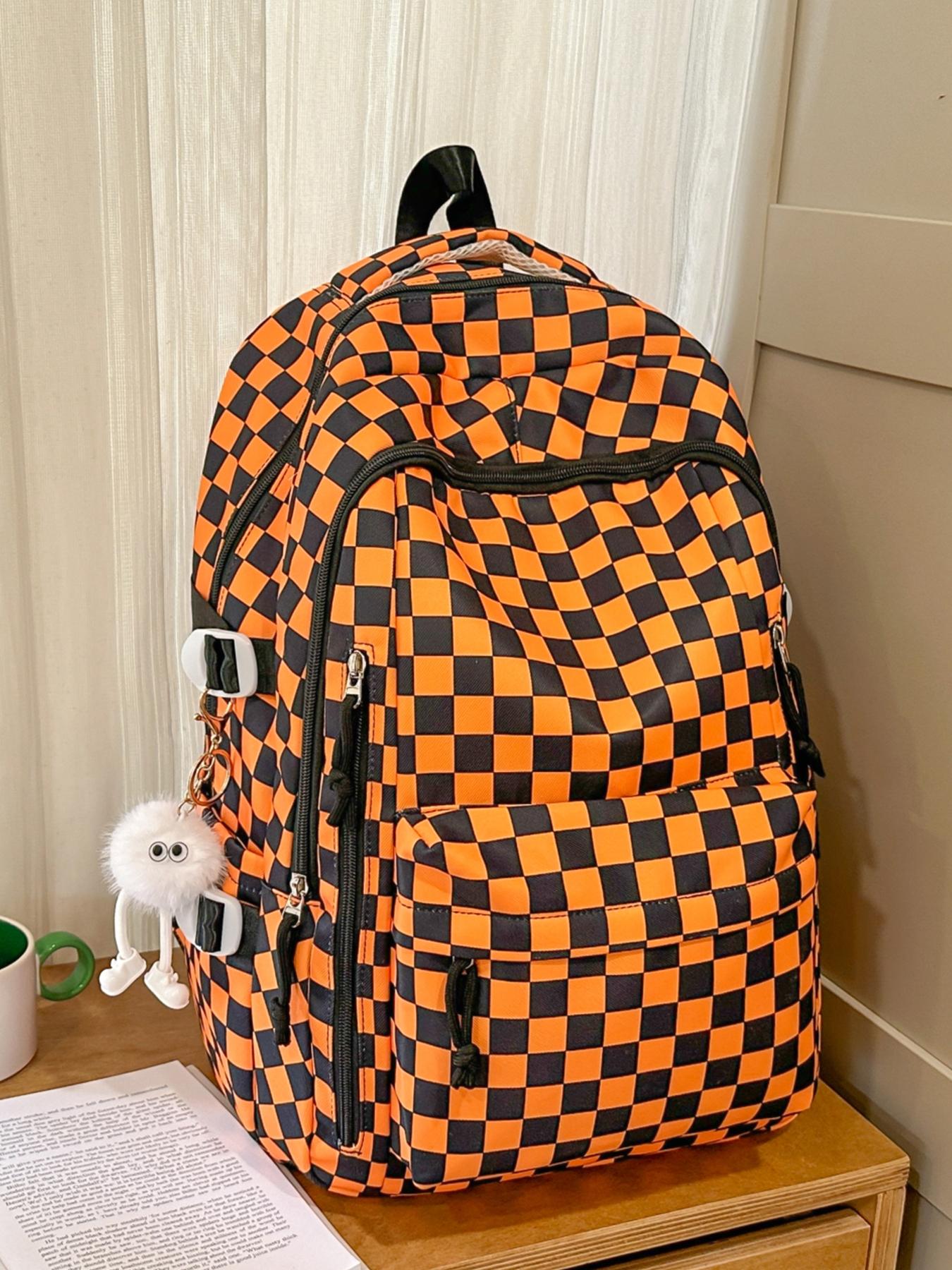 1pc  Women's backpack with large capacity, zipper closure, checkered pendant, fashionable and versatile, suitable for students to go to school, campus, go to work, commute, women's backpack, Plaid Pattern Backpack