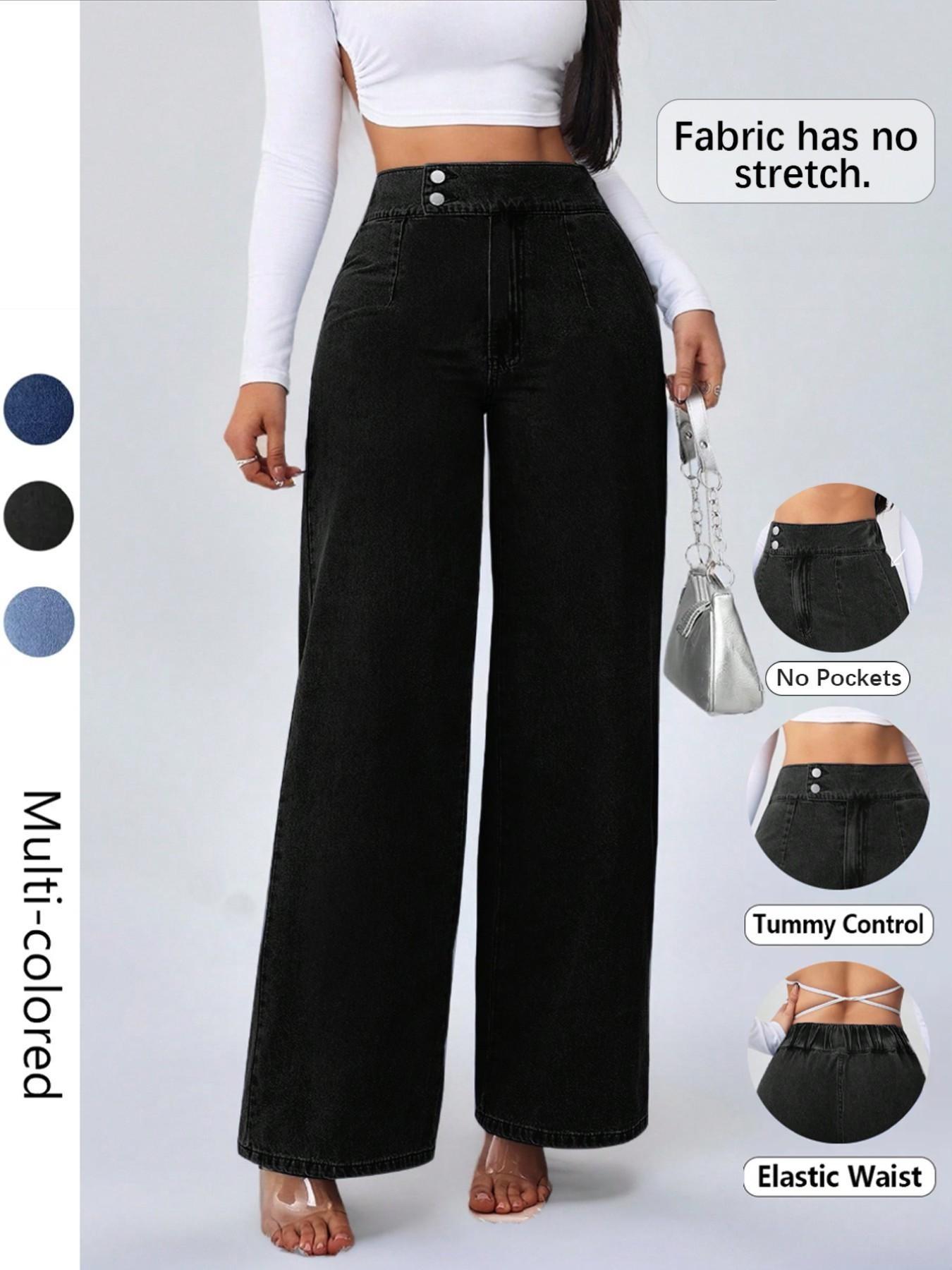 Women's Vintage Elegant High Waist Wide Leg Light Wash Denim Jeans Trouser, Button Front Elastic Waist Loose Fit, Casual Fashion Pants for All Seasons, Womenswear