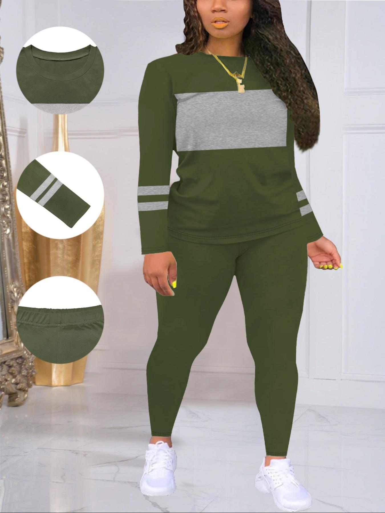[Plus Size] Women's Fall Winter Fitted Patchwork Suit, Casual Basic Two-Piece Set, Sweatsuit Set Outfit, Athleisure Wear Set, Perfect for Parties Work Leisure Sports Wear, Sports Clothing Set