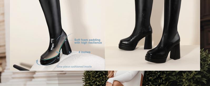 IDIFU Women's Square Toe Knee-High Boots, Soft Comfort Mid-calf Chunky Heels, Winter Footwear, Outdoor Walking Shoes Girl