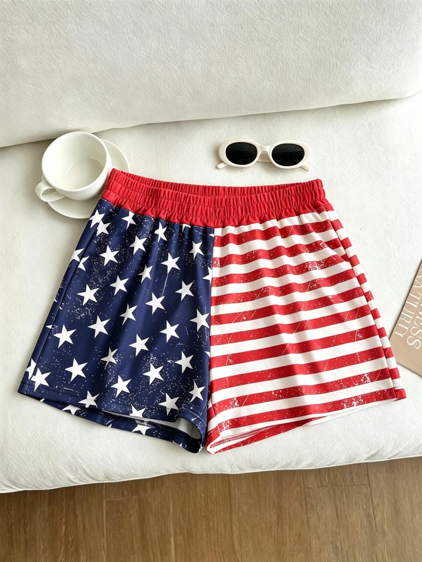 American Vintage Flag Brief Shorts, Y2K Elastic Waist, Loose-Fitting Casual Style, All over Print, Summer Fashion, Youthful Look