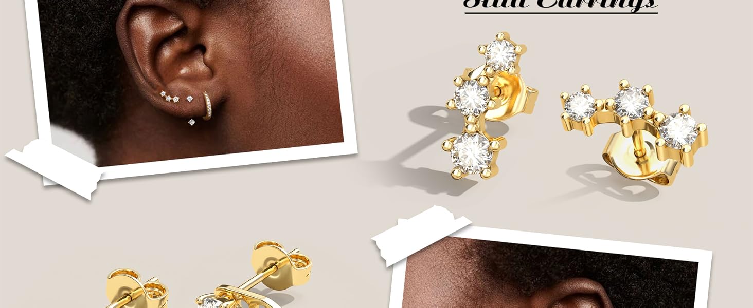 3 Pairs Silver Hypoallergenic Earrings for Women Trendy - 14K Gold Plated Stud Hoop Cartilage Earrings Set Small Earring Stacks for Sensitive Ears Non Tarnish Dainty Silver Earring