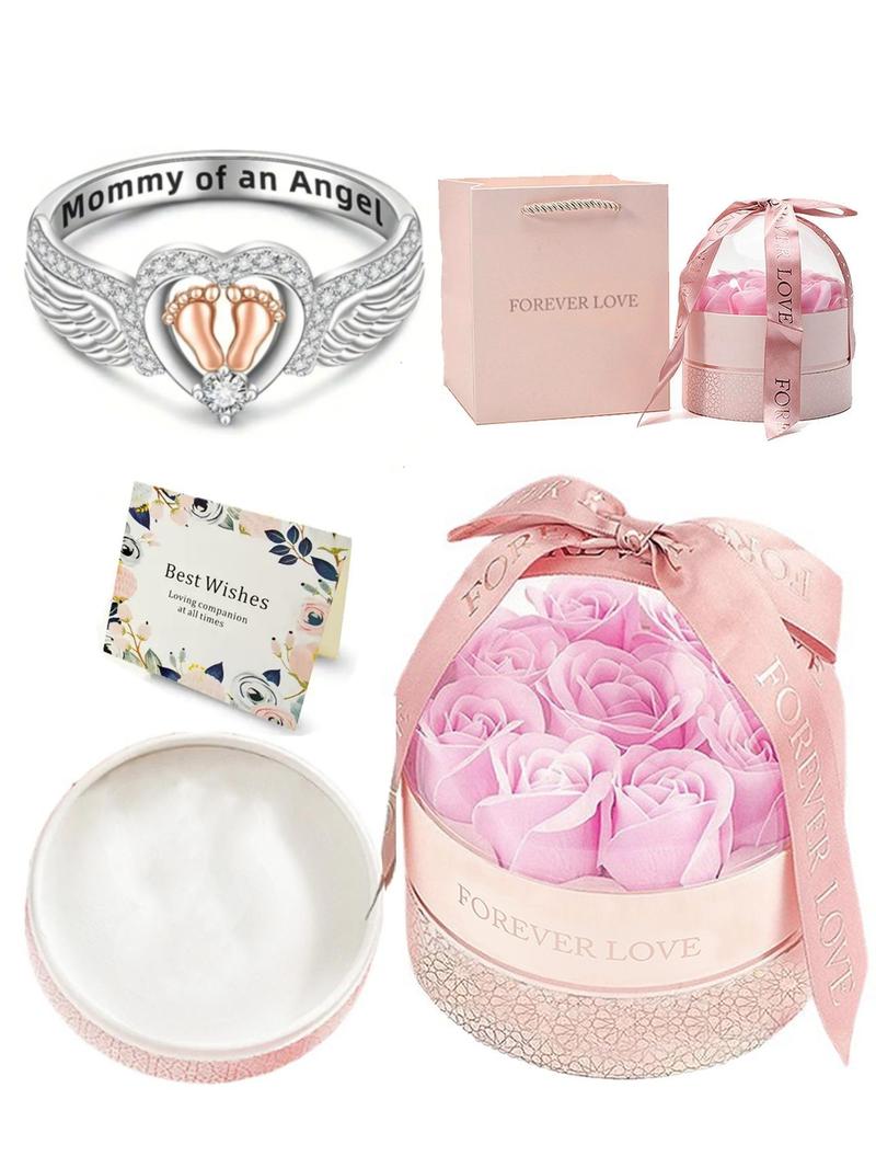 925 Sterling Silver Angel Wing Design Ring, Artificial Zircon Ring, Heart & Footprint Decorative Ring for Women, Fashion Jewelry Accessories for Daily Wear, Trendy All-match & Exquisite Jewelry for Birthday Gift, Dainty Ring