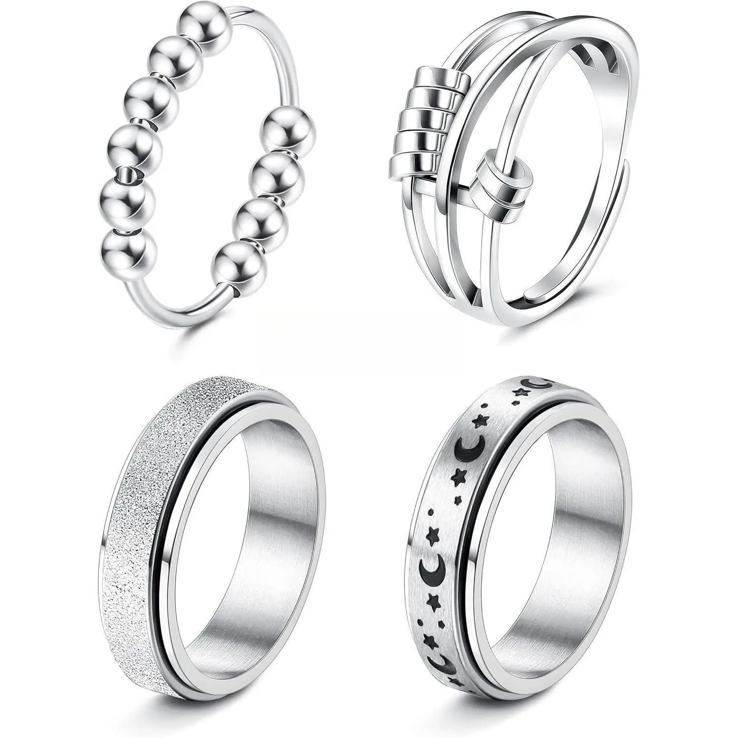 CASSIECA Stainless Steel Rotating Openwork Fidget Ring Set for Women, Anxiety Relief Stress-Relieving Spinner Band, Moon Star-Shaped Unit Set Rings, Business Casual  Fashion Costume Jewelry, Rotating Openwork Ring Sohochic
