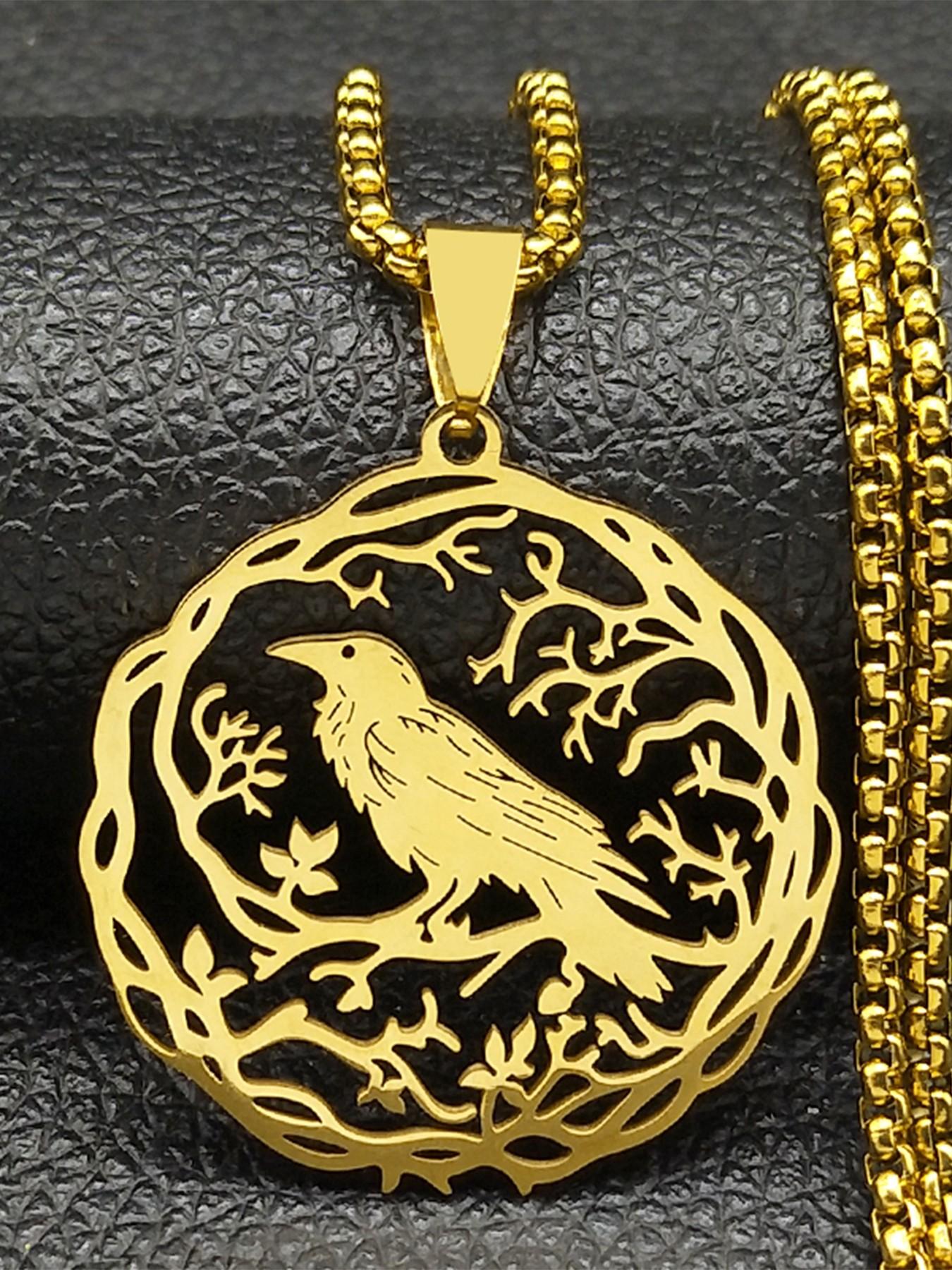 Hollow Crow Raven Birds Pendant Necklace Women Men Stainless Steel Black Color Love Flower of Life Knight Chain Gifts