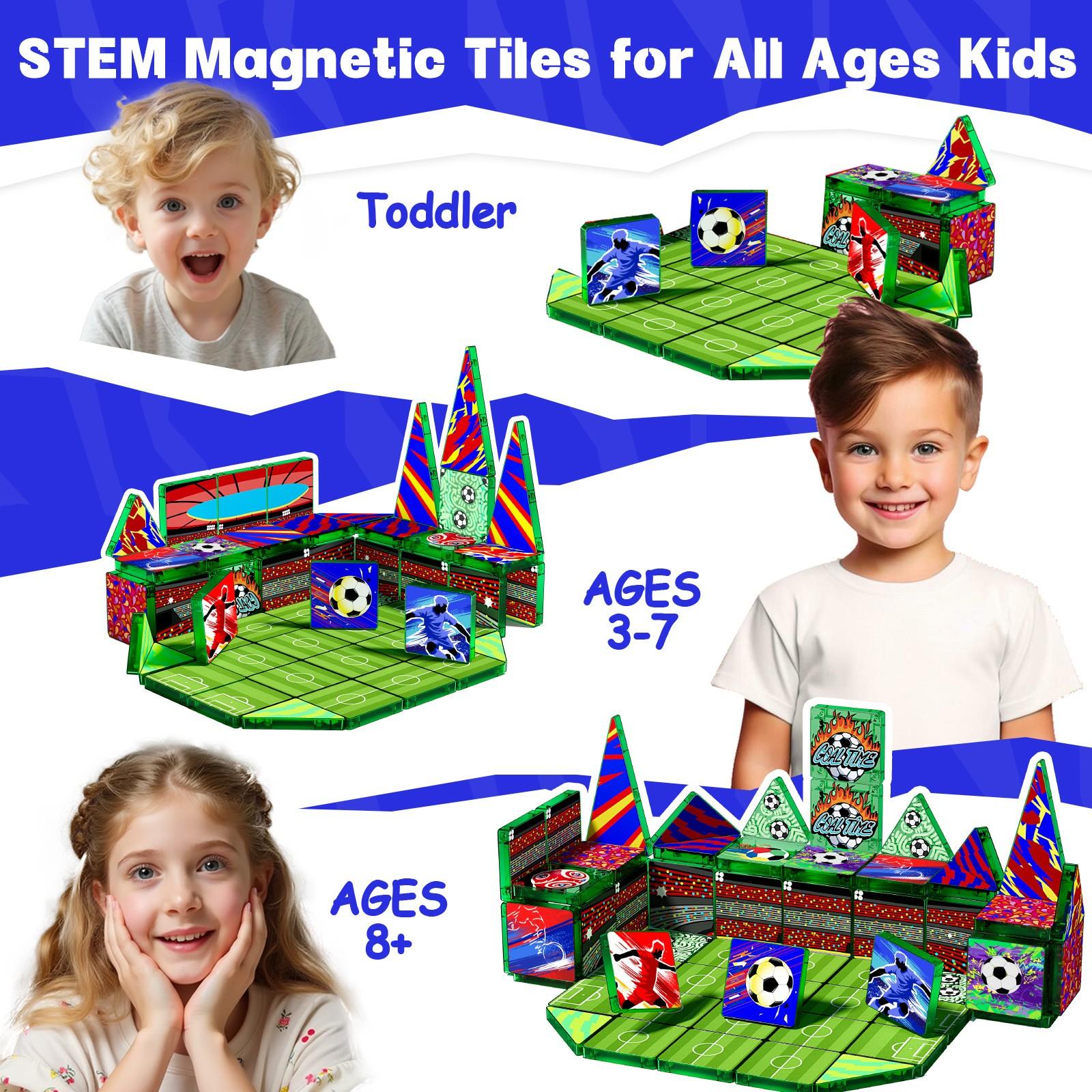Magnetic Tiles Set 52/60 Mini Pcs | Soccer Theme, Strong Grip, Impact/Crack Resistant, Light-Through | Field: Logic, Spatial, Hand-Eye, Teamwork | Eco ABS Rounded, Choking-Safe | Birthday Gift Ages 3-6 Boys Girls