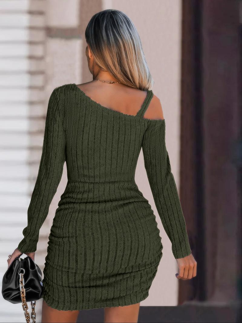 Women One Shoulder Bodycon A Line Dress Ribbed Knit Ruched Mini Dress Long Sleeve Slim Fit Knitwear Gold Chain Strap Asymmetric Neckline Fall Winter Party Clubwear Stretchy Waist Hugging Solid Color Soft Girl Fashion Trendy Outfit