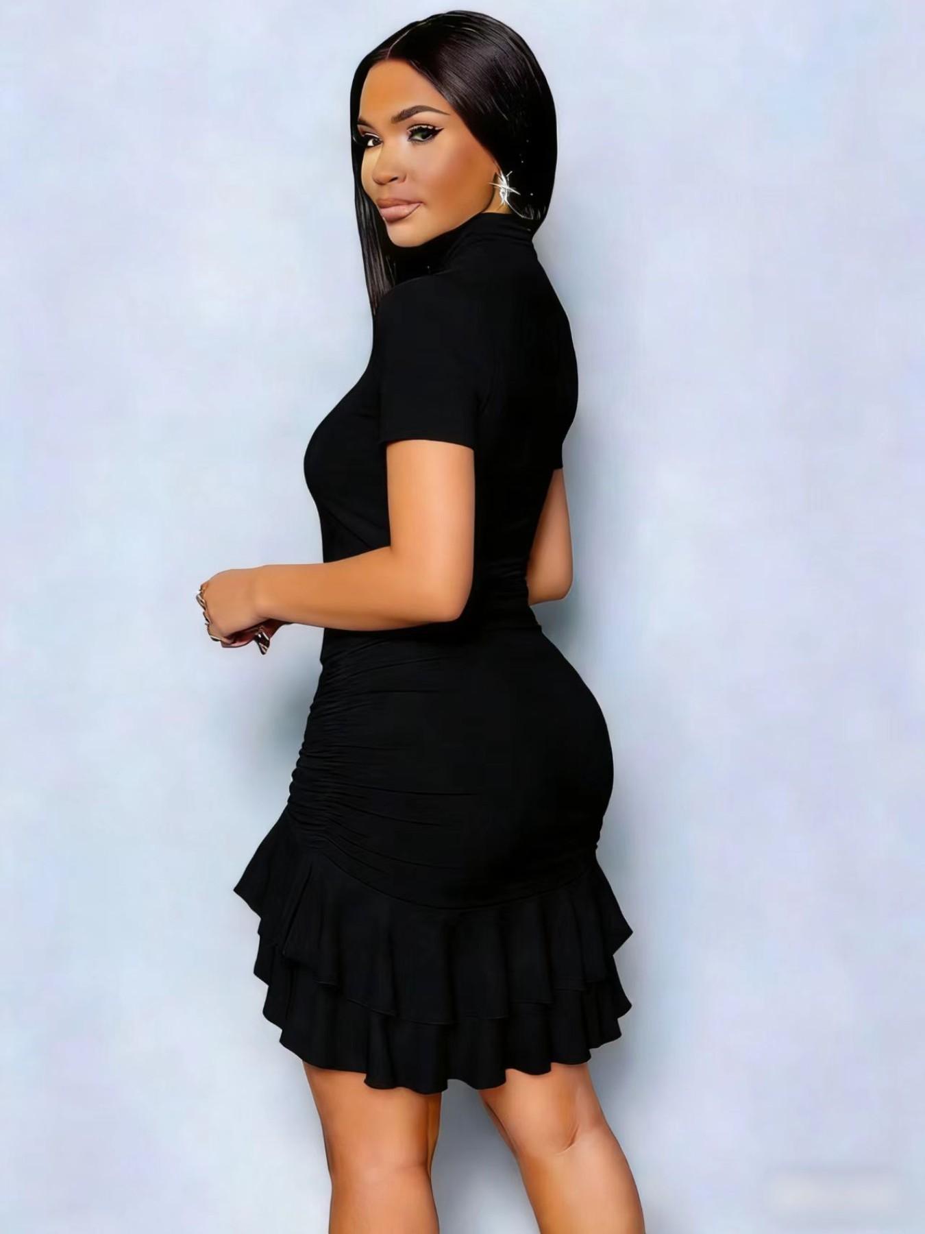 Elegant Summer Women's Party Apricot Knit High Neck Long Sleeve Ruched Mini Dress, Perfect for Dating Vacation Wedding A3043