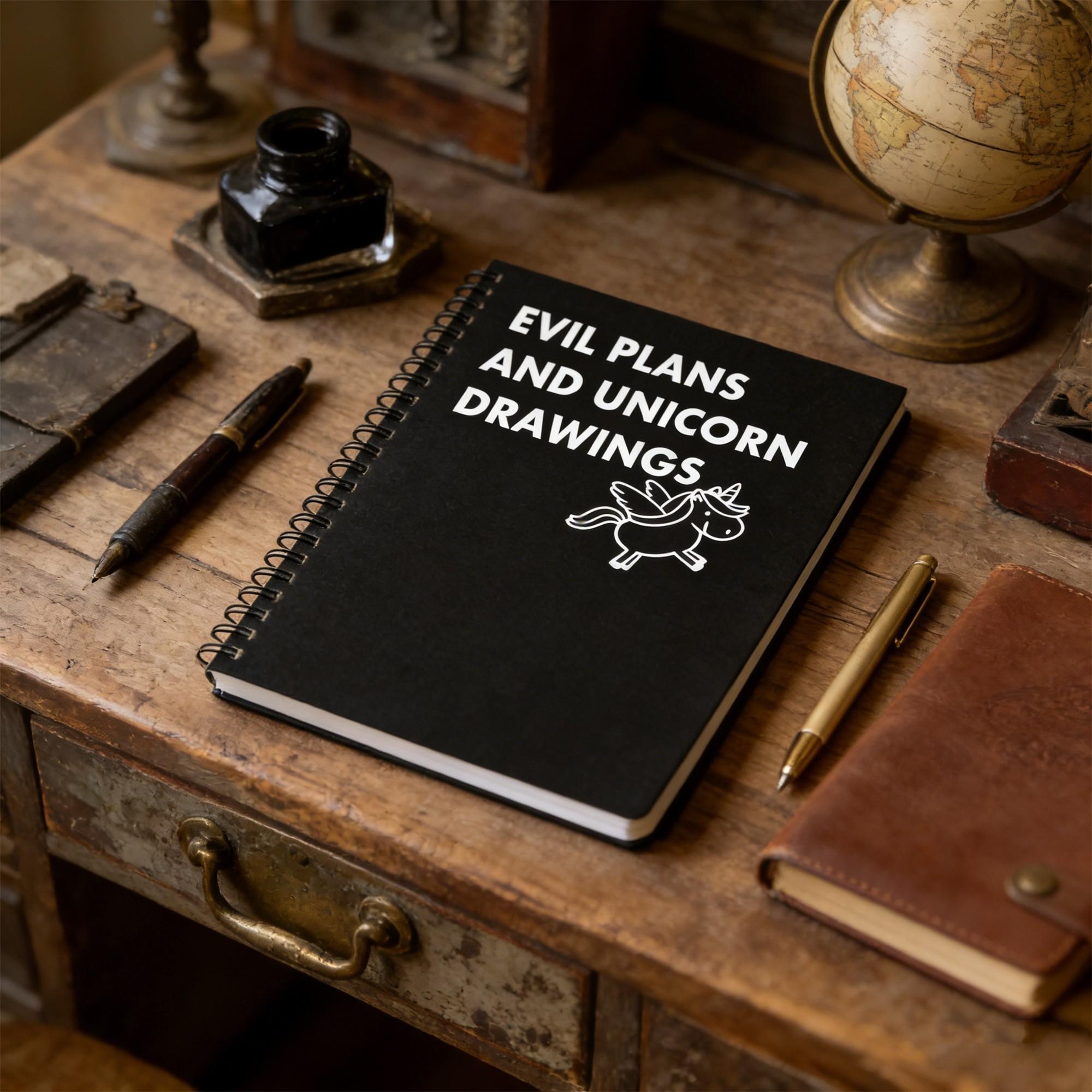 Humorous Spiral Coil Notebook Diary, Evil Plan & Unicorn Satirical ...