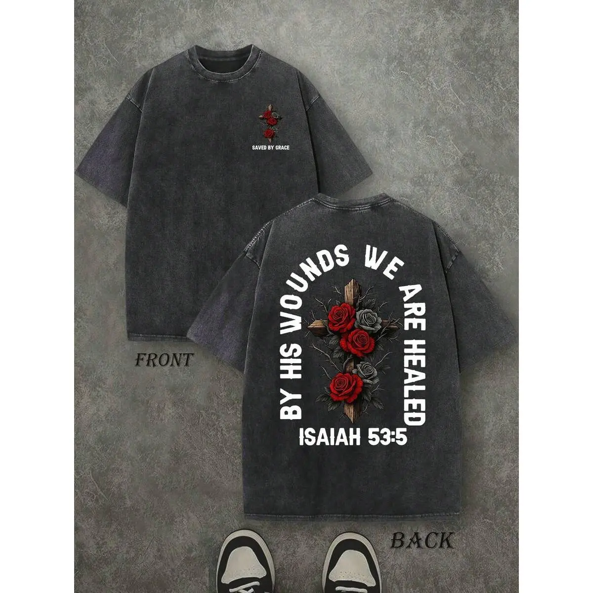Heavyweight Washed Cotton T-Shirt Unisex Vintage Streetwear Double-Sided "Saved By Grace" Christian Tee