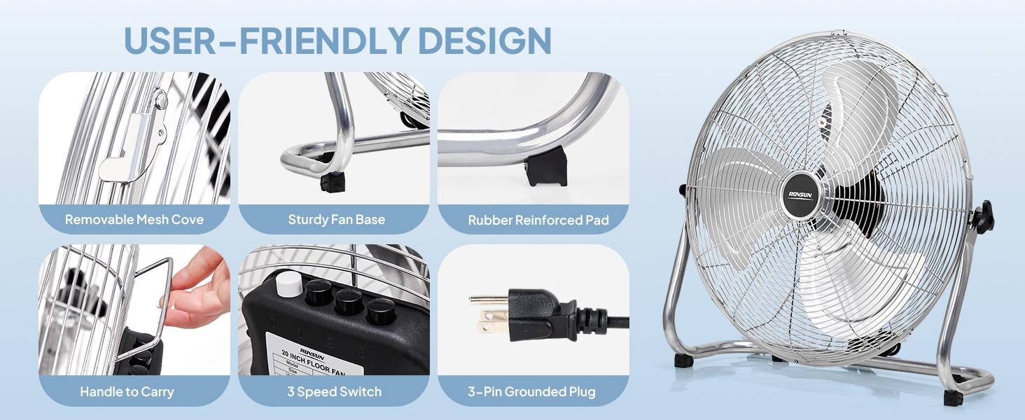 ROVSUN 20'' Floor Fans, High Velocity Heavy Duty Metal Industrial Floor Fan for Commercial & Residential, High Power Fan with Adjustable Tilt, Metal Box Fan for Garage, Gym, Bedroom, Shop, UL Listed